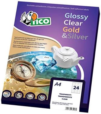 Etichette ovali PC4-2216 in poliestere trasparente lucido TICO PRESS CLEAR cf. di 100 fogli A4 - ft. 22x16 mm - 12000 etichette