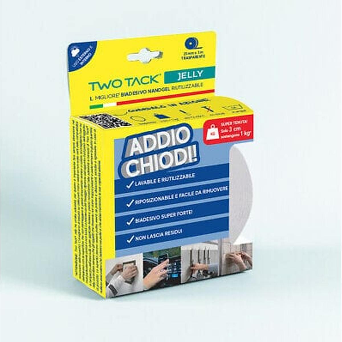 JELLYTAPE TWOTACK-02530-JL Nastro biadesivo trasparente lavabile e riutilizzabile con tecnologia Nano-Tack (microventose) è super forte ma senza colla. Rotolo 25mmx3mt.